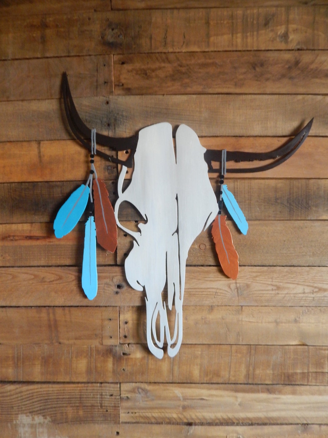 Western Metal Wall Art Boho Decor Hand Painted Cow Skull Etsy