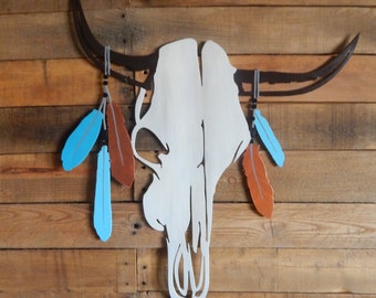 Western Metal Wall Art - Boho Decor - Hand Painted Cow Skull - Turquoise - Beads - Tribal - Feather - Bohemian