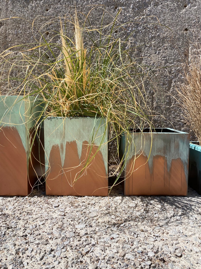 Turquoise Outdoor Planter Modern Metal Planter Large with Drainage Patio/Deck Decor Garden Box Set Outdoor Living Copper Patina image 9