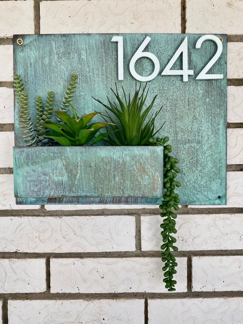 Succulent Address Sign House Numbers Modern Minimalist Planter Boho Succulent Wall Hanger Turquoise Copper Gold Brass image 1