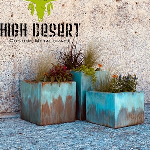 Turquoise Outdoor Planter Modern Metal Planter Large with Drainage Patio/Deck Decor Garden Box Set Outdoor Living Copper Patina image 1