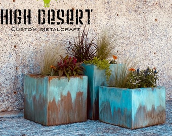 Turquoise Outdoor Planter - Modern Metal Planter - Large with Drainage - Patio/Deck Decor - Garden Box Set - Outdoor Living - Copper Patina