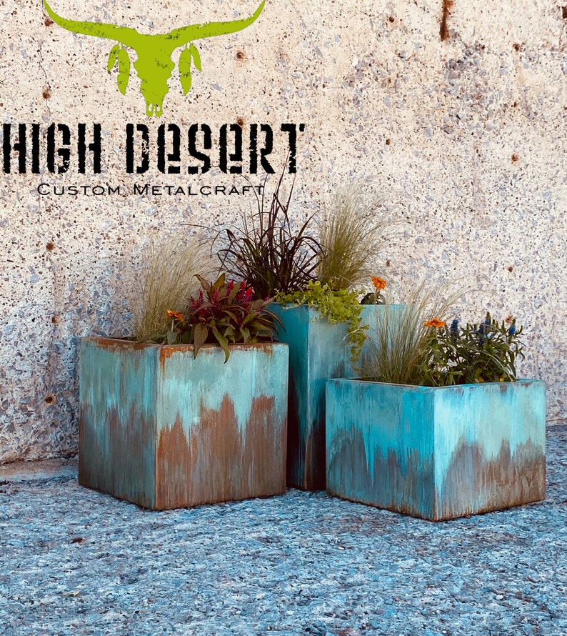 Turquoise Outdoor Planter Modern Metal Planter Large with Drainage Patio/Deck Decor Garden Box Set Outdoor Living Copper Patina image 1