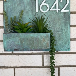 Succulent Address Sign House Numbers Modern Minimalist Planter Boho Succulent Wall Hanger Turquoise Copper Gold Brass image 2