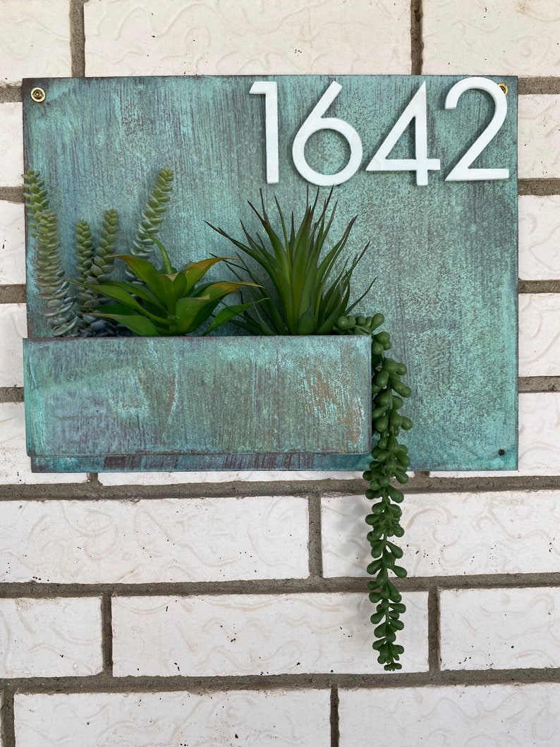 Succulent Address Sign House Numbers Modern Minimalist Planter Boho Succulent Wall Hanger Turquoise Copper Gold Brass image 2