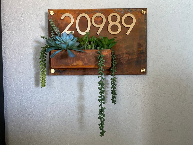 Succulent Address Sign House Numbers Modern Minimalist Planter Boho Succulent Wall Hanger Turquoise Copper Gold Brass image 6