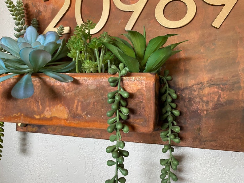 Succulent Address Sign House Numbers Modern Minimalist Planter Boho Succulent Wall Hanger Turquoise Copper Gold Brass image 4