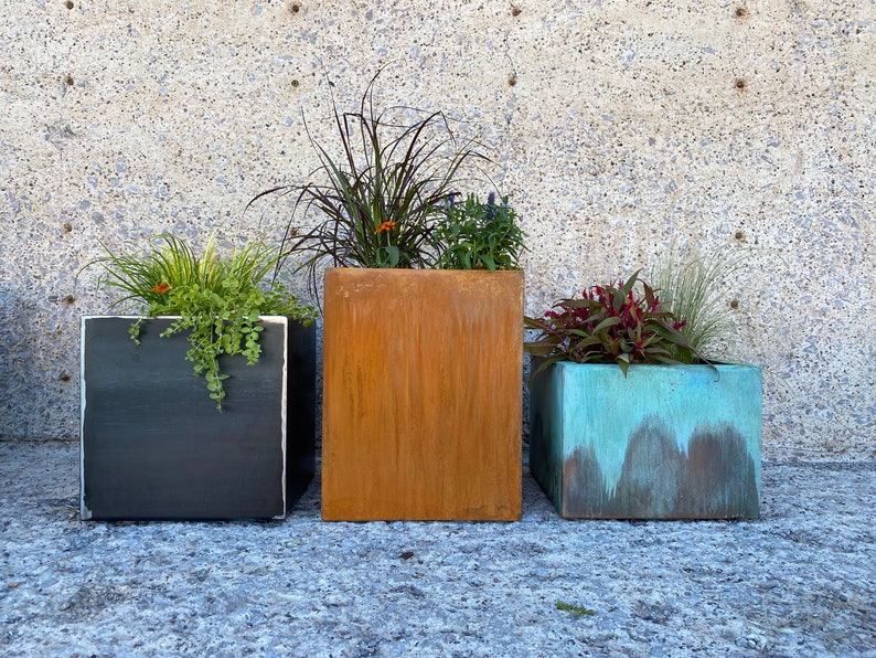 Turquoise Outdoor Planter Modern Metal Planter Large with Drainage Patio/Deck Decor Garden Box Set Outdoor Living Copper Patina image 10