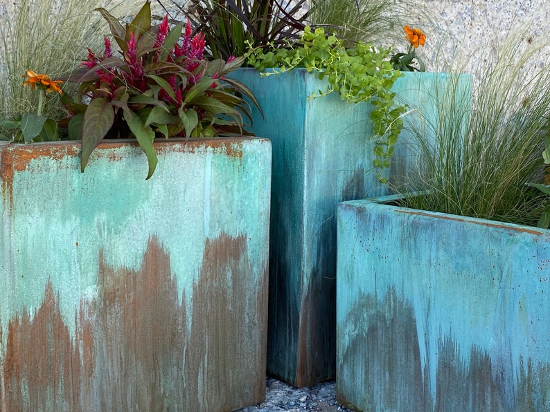 Turquoise Outdoor Planter Modern Metal Planter Large with Drainage Patio/Deck Decor Garden Box Set Outdoor Living Copper Patina image 4