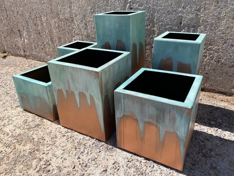 Turquoise Outdoor Planter Modern Metal Planter Large with Drainage Patio/Deck Decor Garden Box Set Outdoor Living Copper Patina image 6