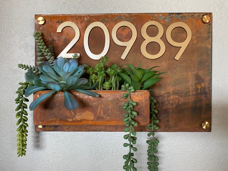 Succulent Address Sign House Numbers Modern Minimalist Planter Boho Succulent Wall Hanger Turquoise Copper Gold Brass image 5