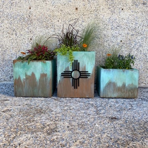 Turquoise Outdoor Planter Modern Metal Planter Large with Drainage Patio/Deck Decor Garden Box Set Outdoor Living Copper Patina image 2