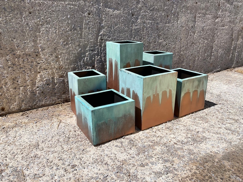 Turquoise Outdoor Planter Modern Metal Planter Large with Drainage Patio/Deck Decor Garden Box Set Outdoor Living Copper Patina image 7