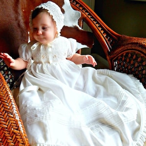 Long Christening Gown Girl, Baptism Dress, Bleesing outfit Cotton,  Ivory /White,  lined,  with Bonnet,   Free Personalization