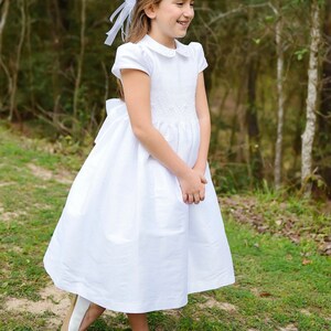 White Shantung Fabric, First Communion Dress, Hand Made, Smocked Dresses sizes 6 12 image 2