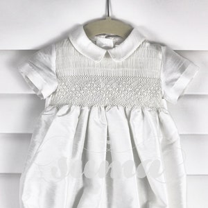 FINAL SALE Smocked Baby Boy Romper White -  Baby  Boy Outfit   - White Shantung Baby Boy outfit -