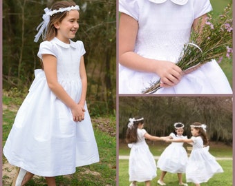 2026 Trend Flower Girl Dress • White/Ivory Hand-Smocked Shantung • Luxury Wedding Dress for Girls • Sizes 1–12