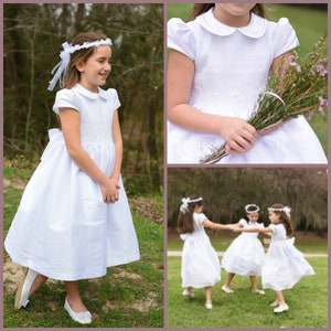 White Shantung Flower Girl Dresses, White Shantung Smocked Dresses add Petticoat and Headpiece