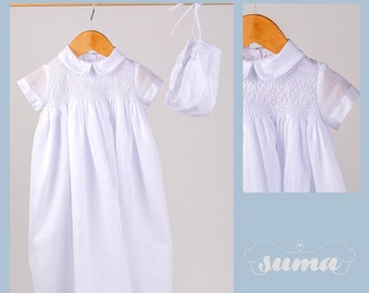 Long Christening Gown Boys, Baptism Gown,  White Cotton, Christening Dress , Blessing outfit,  Hand Smocked, Free Personalization