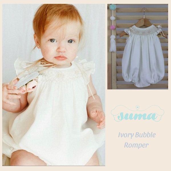 Ivory Baby Girl Bubble Romper, Toddler Girl Romper, Baby Girls Smocked Bubble Romper,  Hand Made Bubble Romper