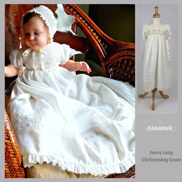 Long Christening Gown Girl, Baptism Dress, Bleesing outfit Cotton,  Ivory /White,  lined,  with Bonnet,   Free Personalization