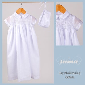 Long Christening Gown Boys, Baptism Gown,  White Cotton, Christening Dress , Blessing outfit,  Hand Smocked, Free Personalization