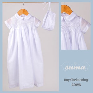 Long Christening Gown Boys, Baptism Gown Bonnet,  White Cotton, Christening Dress , Blessing outfit,  Hand Smocked, Free Personalization