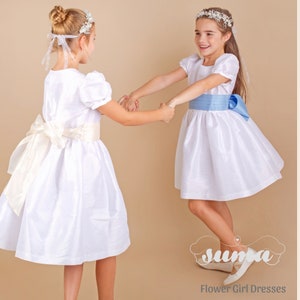 Flower Girl dress classic, white shantung with sash and big bow. Puffy sleeves. Girl elegant wedding dress Many colors sash and big bow image 2