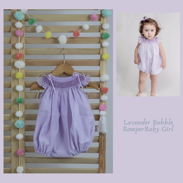 Lignt Lavender lilac Cotton baby girls smocked bubble romper, hand made