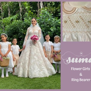 Flower Girl Dresses, Ring Bearer Outfit, Weeding Party, Boys Linen Suit,  White and Ivory Shantung Smocked Dresses