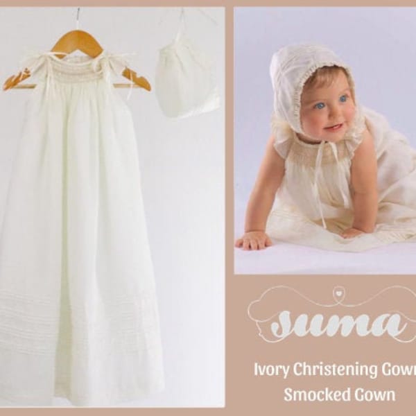 Hand Smocked Christening Gown, Ivory Cotton Baby Blessing Dress