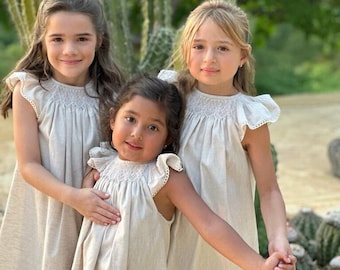 Handmade Rustic Smocked Bishop Dress, Ivory Cotton Fabric