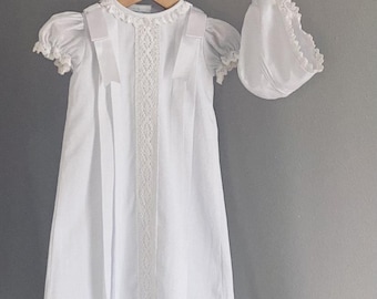 Hand Smocked Ivory Cotton Christening Gown with Bonnet – Personalized Baptism Dress