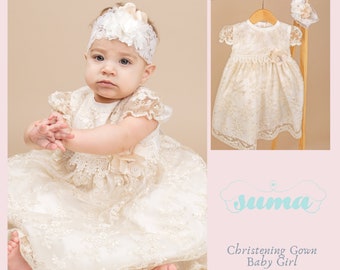 FINAL SALE Christening Baby Girl Ivory  lace Dress with head band,  Baptism , Christening, Wedding, Free Personalization