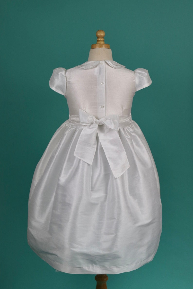 White Shantung Flower Girl Dresses, White Shantung Smocked Dresses add Petticoat and Headpiece image 6