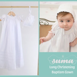 Long Christening Gown Girls, Baptism Gown,  White Cotton, Christening Dress , Blessing outfit,  Hand Smocked, Free Personalization