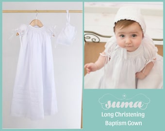 Long Christening Gown Girls, Baptism Gown,  White Cotton, Christening Dress , Blessing outfit,  Hand Smocked, Free Personalization