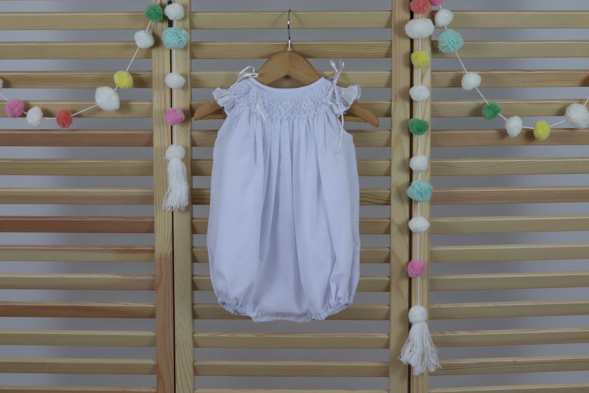 White Cotton baby girls smocked bubble romper 100 cotton