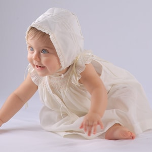 Baby Girl Ivory Bishop Smocked Dress, Christening Baptism Dress Ivory cotton with Bonnet , Free Personalization