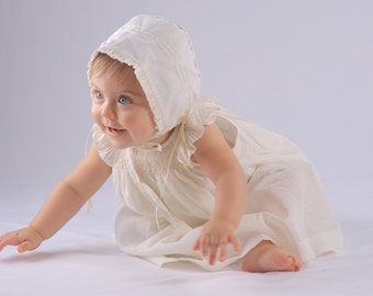 Handmade Ivory Smocked Baby Dress, Christening Bonnet, Cotton Baptism Gown