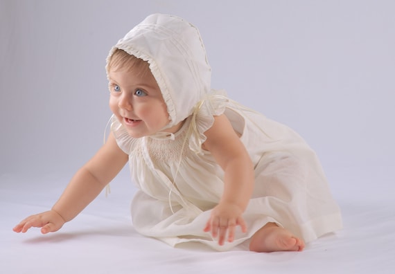 Baby Girl Ivory Bishop Smocked Dress, Christening Baptism Dress Ivory cotton with Bonnet , Free Personalization