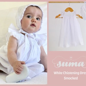 Baby Girl Christening Dress,  Baptism Dress with Bonnet, Blessing Dress,  Gown  White Cotton, Hand  Made, Free Personalization