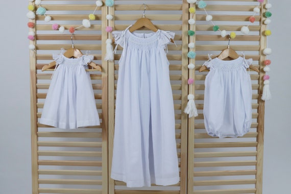 Pastel White  Matching  Sisters Dress,  Bubble Romper Baby Girl, Flower Girl Dress, Hand Made Smocked Dresses, Bishop Dress.