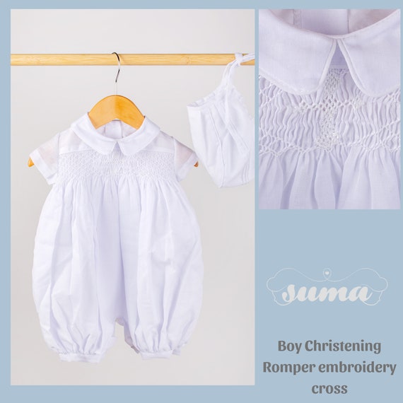 Boys Christening Outfit Romper | Boys White Baptism Suit | IWhite Christening & Blessing Outfit for Boys | Baby Boys Baptism  Smocked
