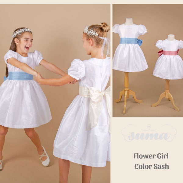 Flower Girl dress classic, white shantung with sash and big bow. Puffy sleeves. Girl elegant wedding dress  Many colors  sash and big bow