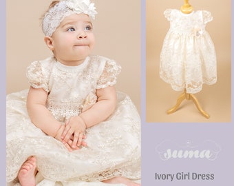 Ivory Lace Baby Girl Dress with Headband, Christening Gown, Personalized