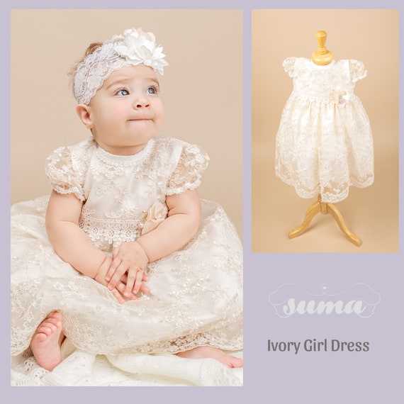 FINAL SALE Baby Girl Ivory  lace Dress with head band,  Baptism , Christening, Wedding, Free Personalization