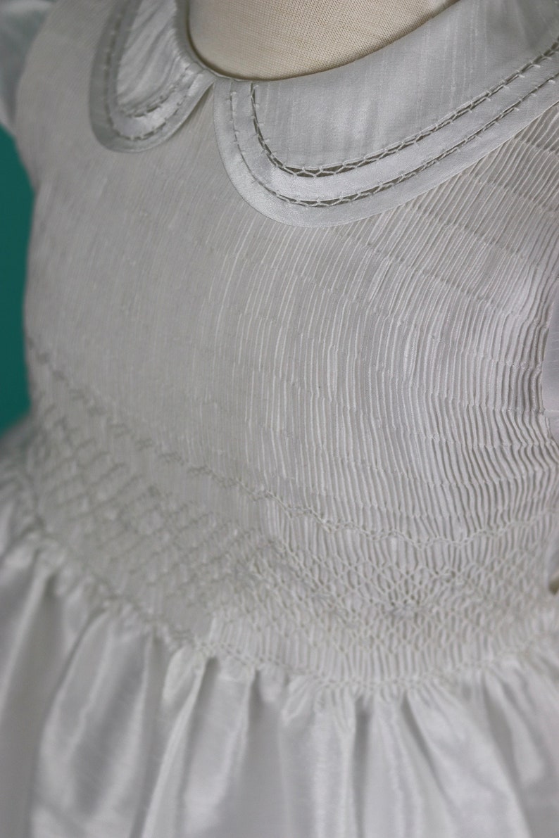 White Shantung Fabric, First Communion Dress, Hand Made, Smocked Dresses sizes 6 12 image 4