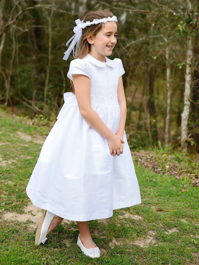 White Shantung Fabric, First Communion Dress, Hand Made, Smocked Dresses sizes 6 12 image 2