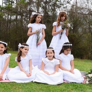 White Shantung Fabric, First Communion Dress, Hand Made, Smocked Dresses sizes 6 12 image 3